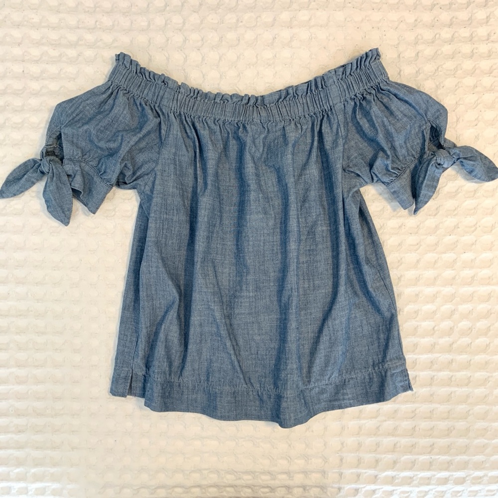 J Crew Off the Shoulder Tie Sleeve Chambray Top S